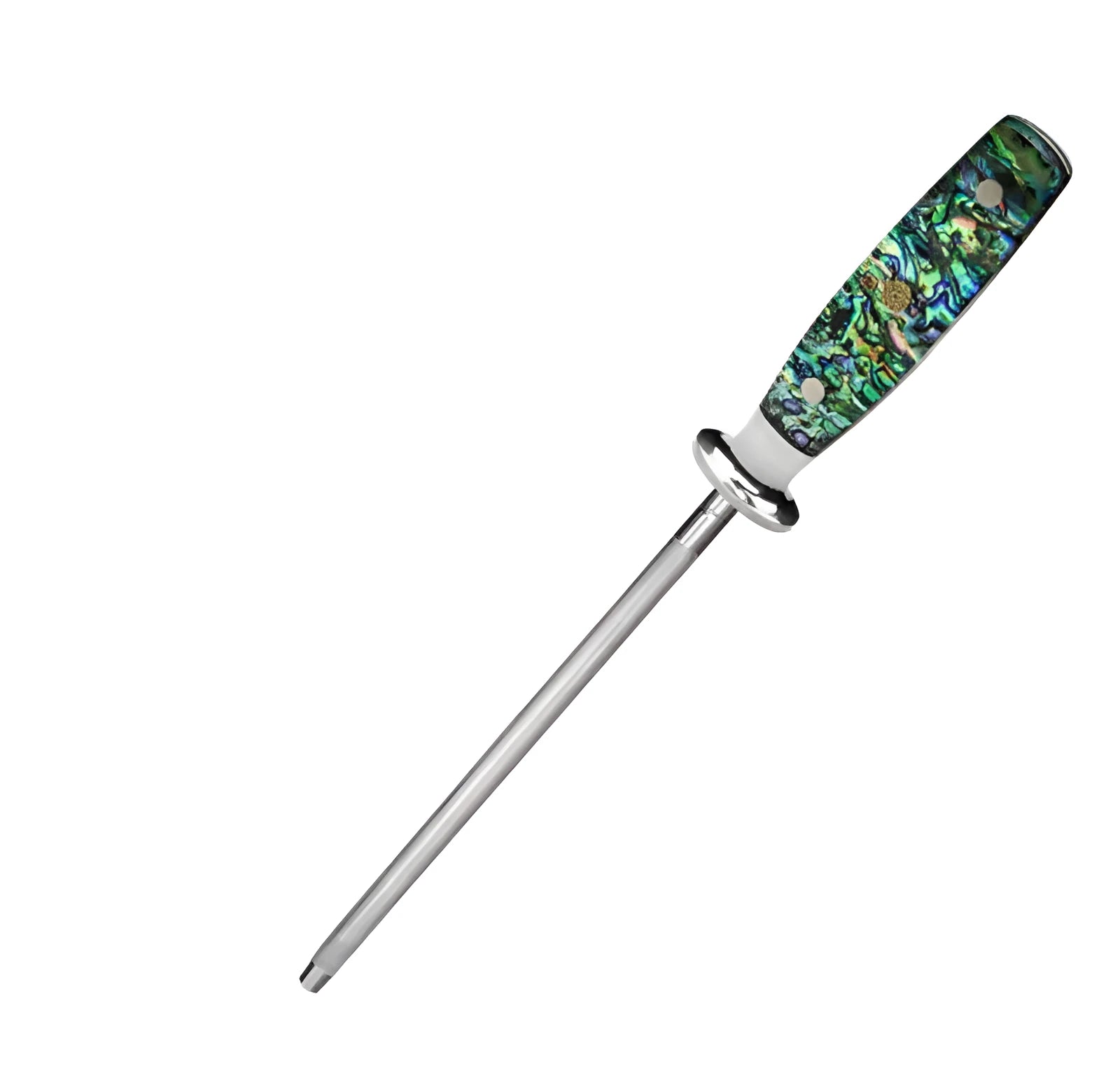 High carbon steel kitchen knife sharpener with abalone shell handle showing 2.2mm thickness