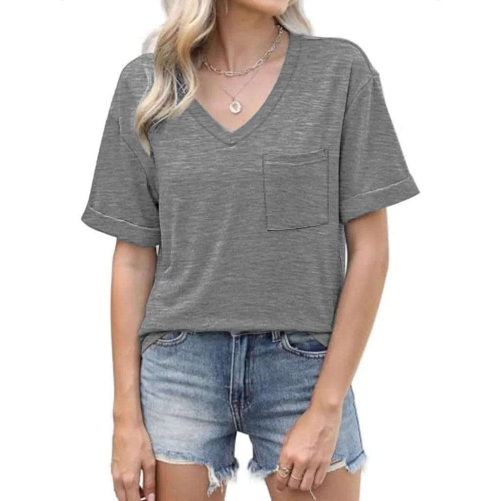 Grey loose-fit V-neck short sleeve t-shirt with a chest pocket on a solid background.