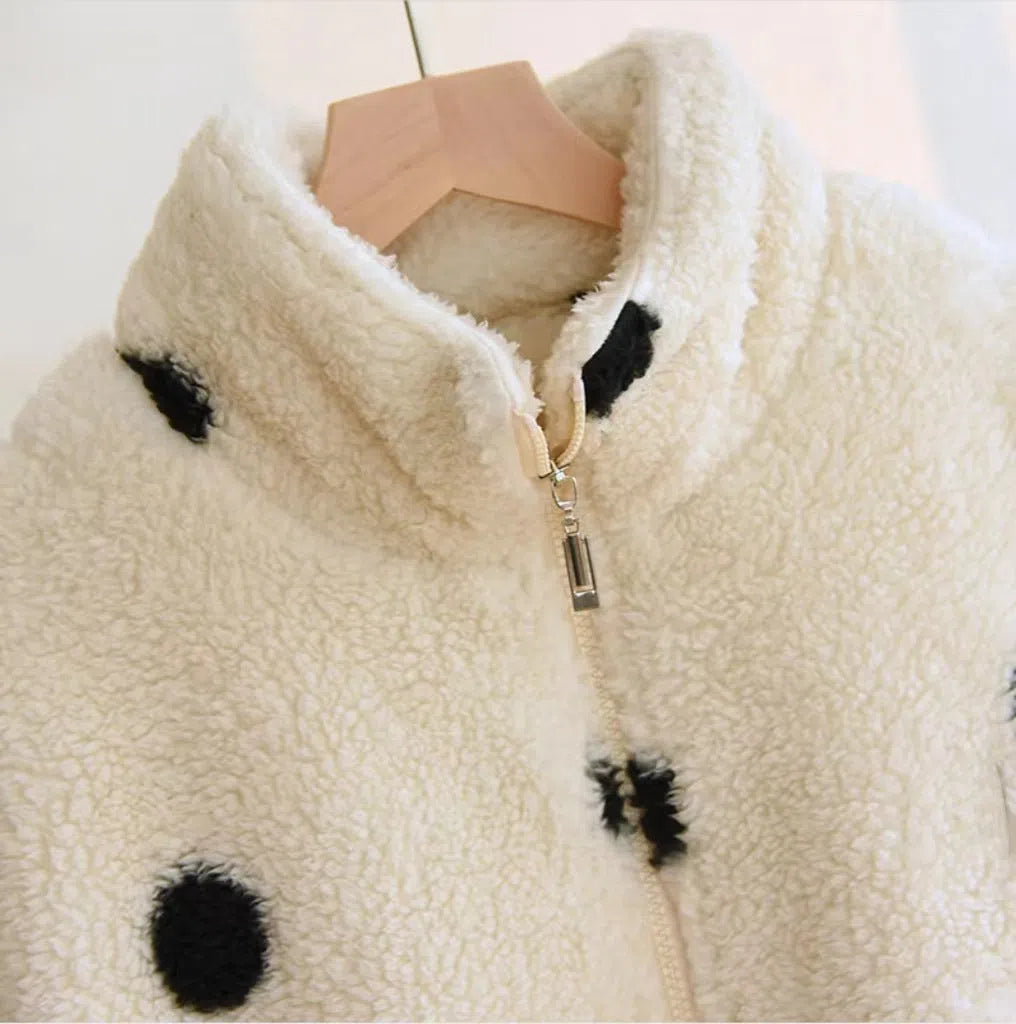 Women's fleece-lined thick casual suit set in black and white polyester flannel, top and pants, sizes M to XL