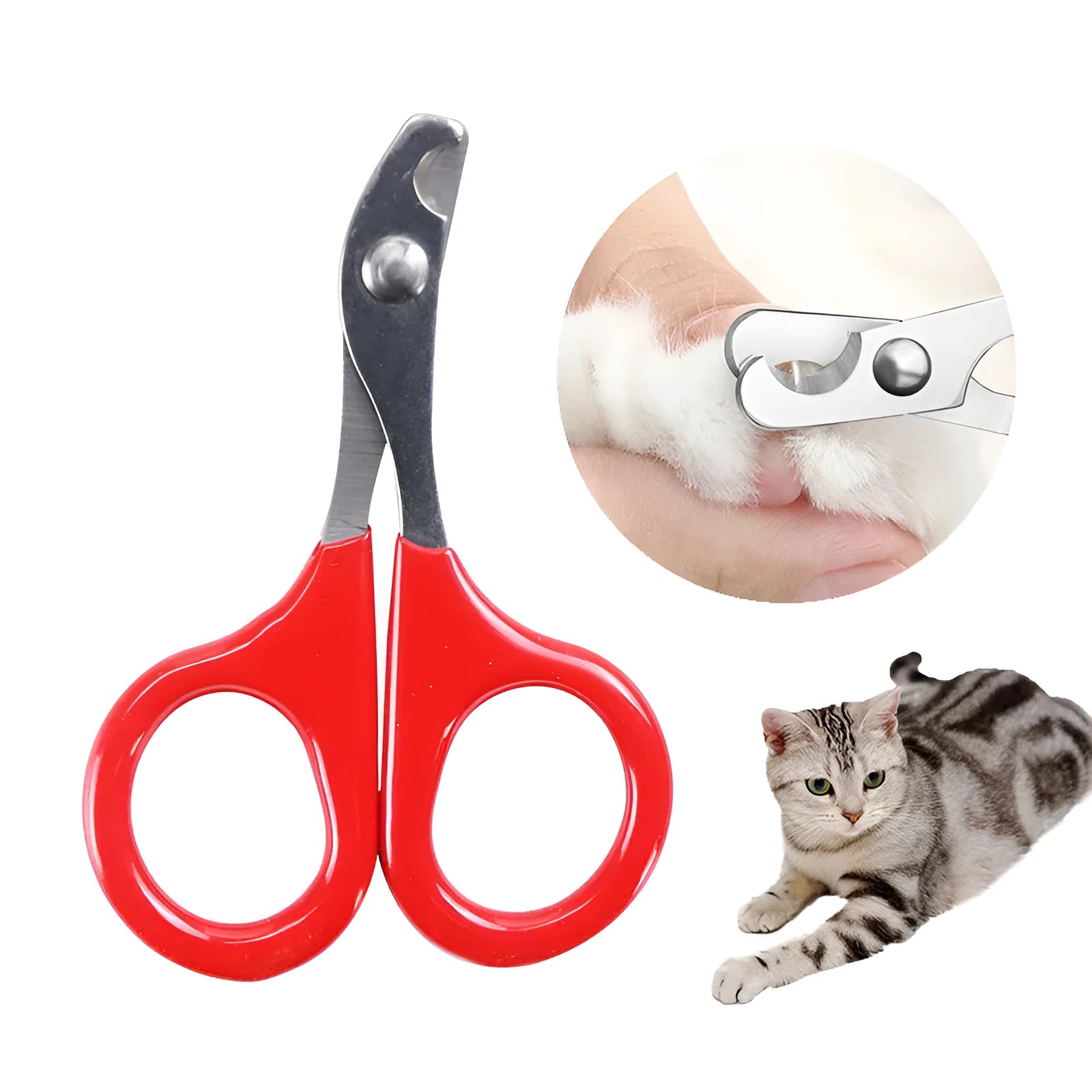 Stainless steel pet nail clippers with coloured plastic and rubber handle for dog and cat grooming