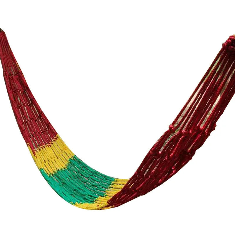 Nylon rope mesh outdoor hammock measuring 1.1m wide with tying components