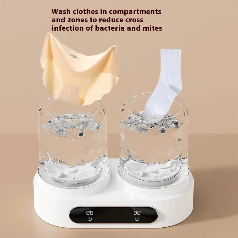 White double bucket USB-powered mini washing machine with two lids and a mechanical timer dial.