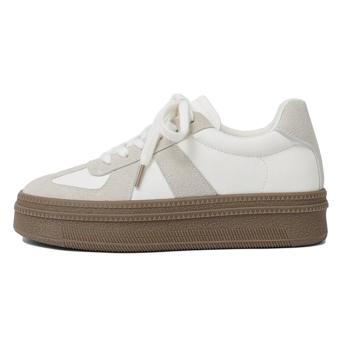 Retro round toe sports board shoes with cross straps in matte milky white or silver
