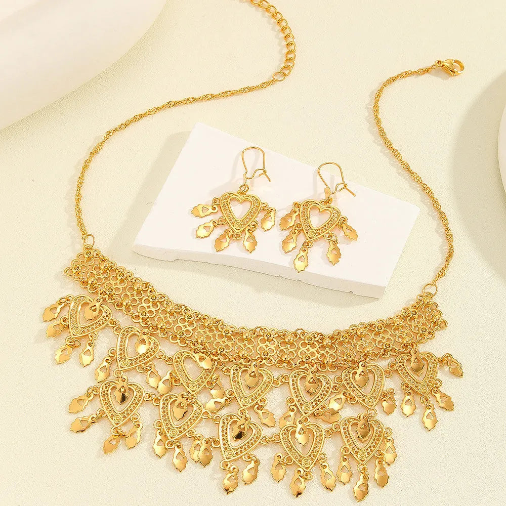 3 piece gold alloy heart shaped hollow necklace and earrings set for women