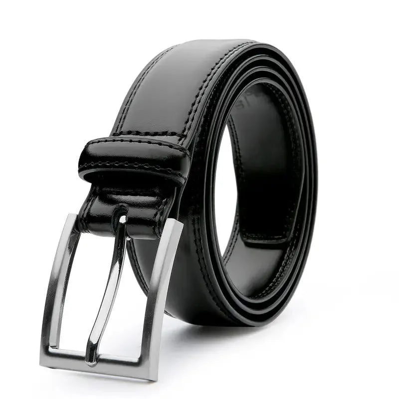 Men's brown genuine leather casual belt with alloy buckle on a plain background.