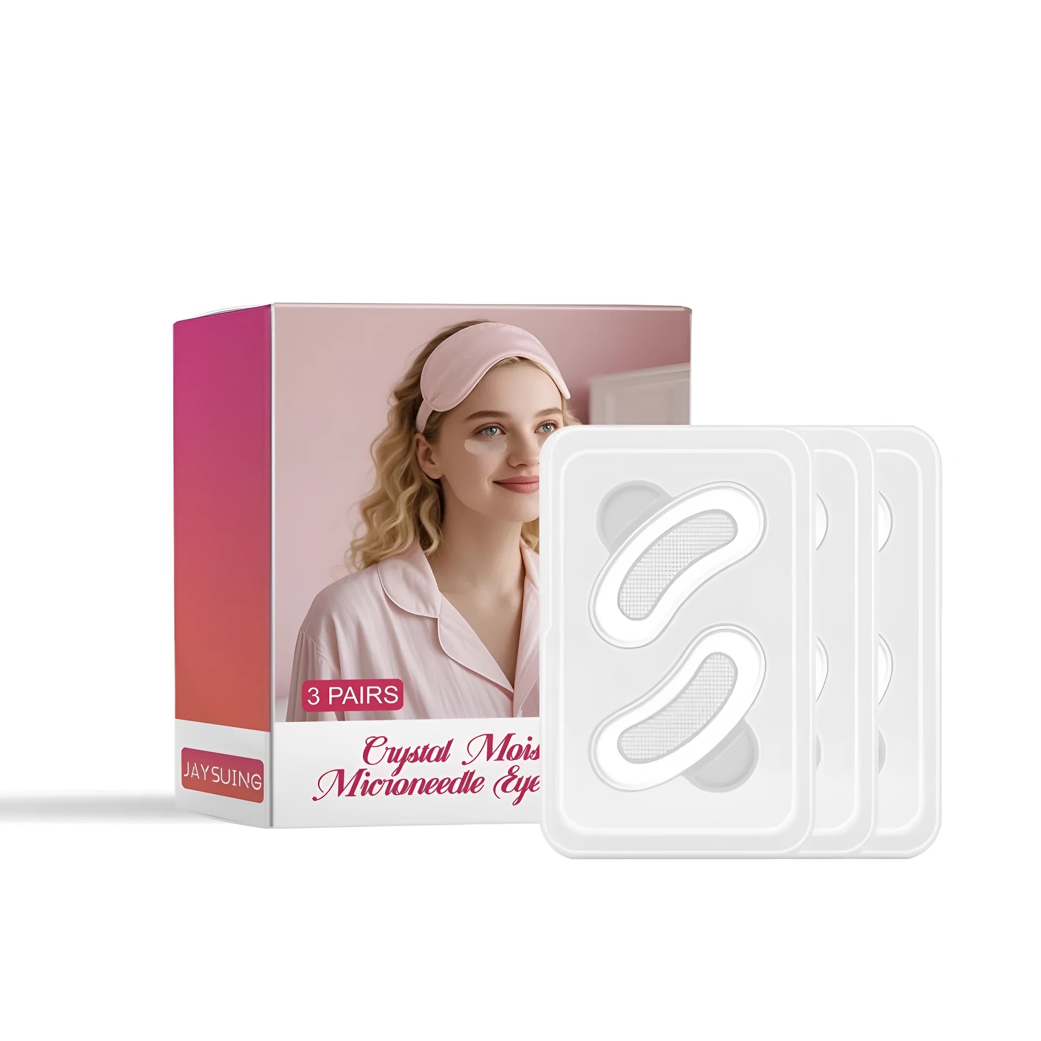 Three pairs of dissolvable microneedle anti-wrinkle eye patches on a white background.