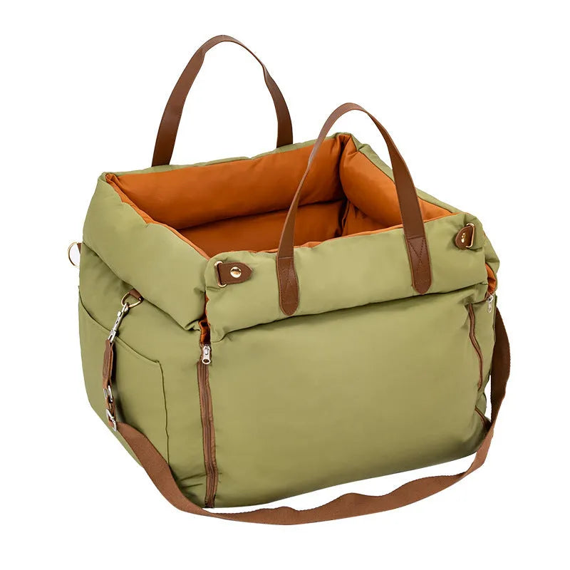 Brown portable car kennel for cats with removable cloth cover showing 55x50x45cm dimensions