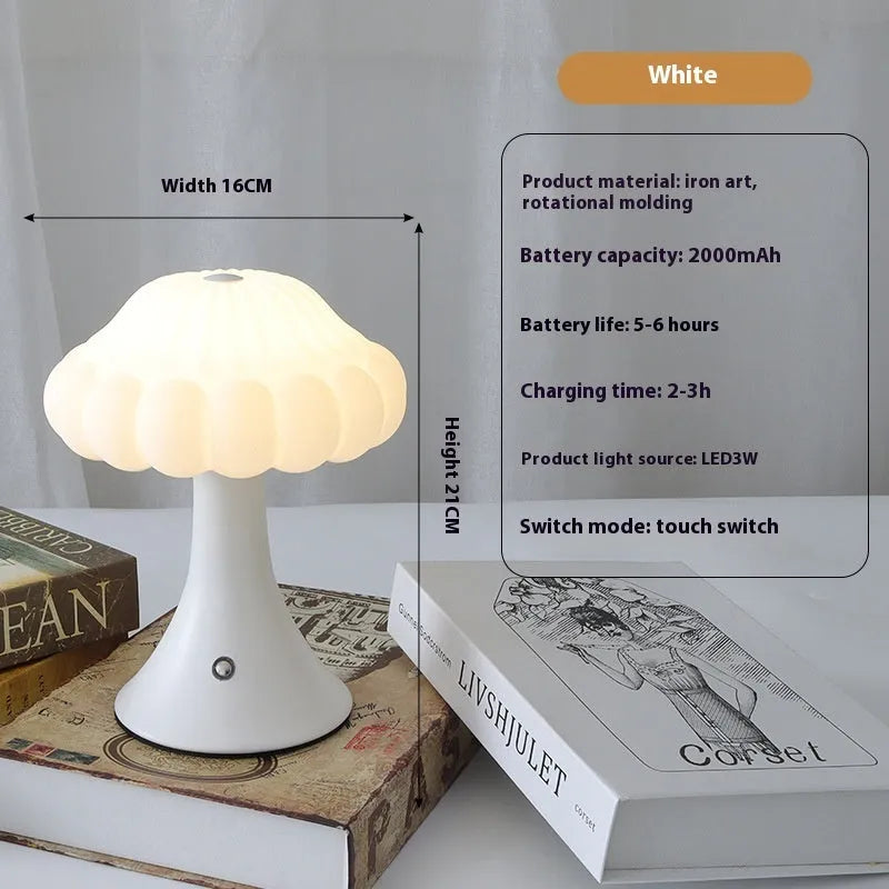 Decorative mushroom-shaped touch lamp in wood grain colour on a tabletop.
