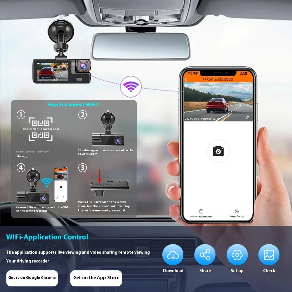 Black WiFi dash cam with 2-inch screen mounted on car windscreen, showing live rear camera view for parking.