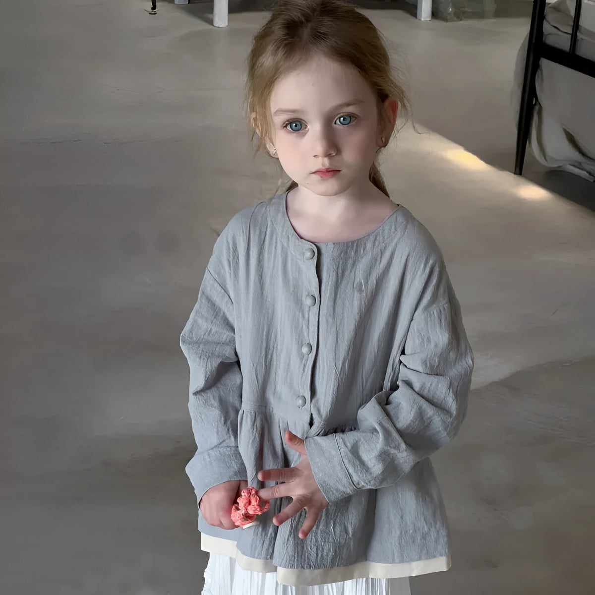 Grey baby long sleeve top with fake two-piece cardigan and lace design, cotton fabric, sizes 90cm to 130cm.