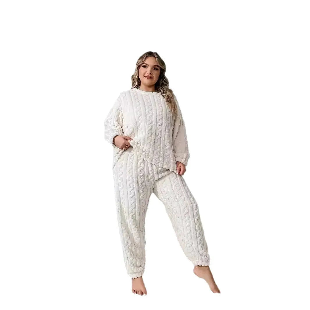 Women's creamy white plush polyester two-piece set with crew neck top and full-length trousers