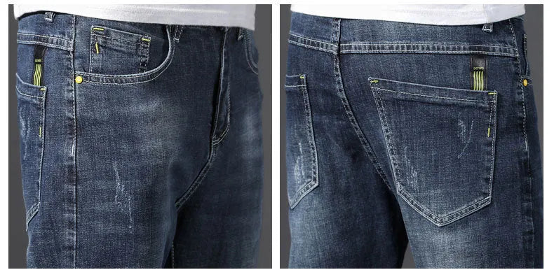 Nine Cent stretch and trim men's jeans straight leg Korean style cotton trousers in blue with washed grinding white finish