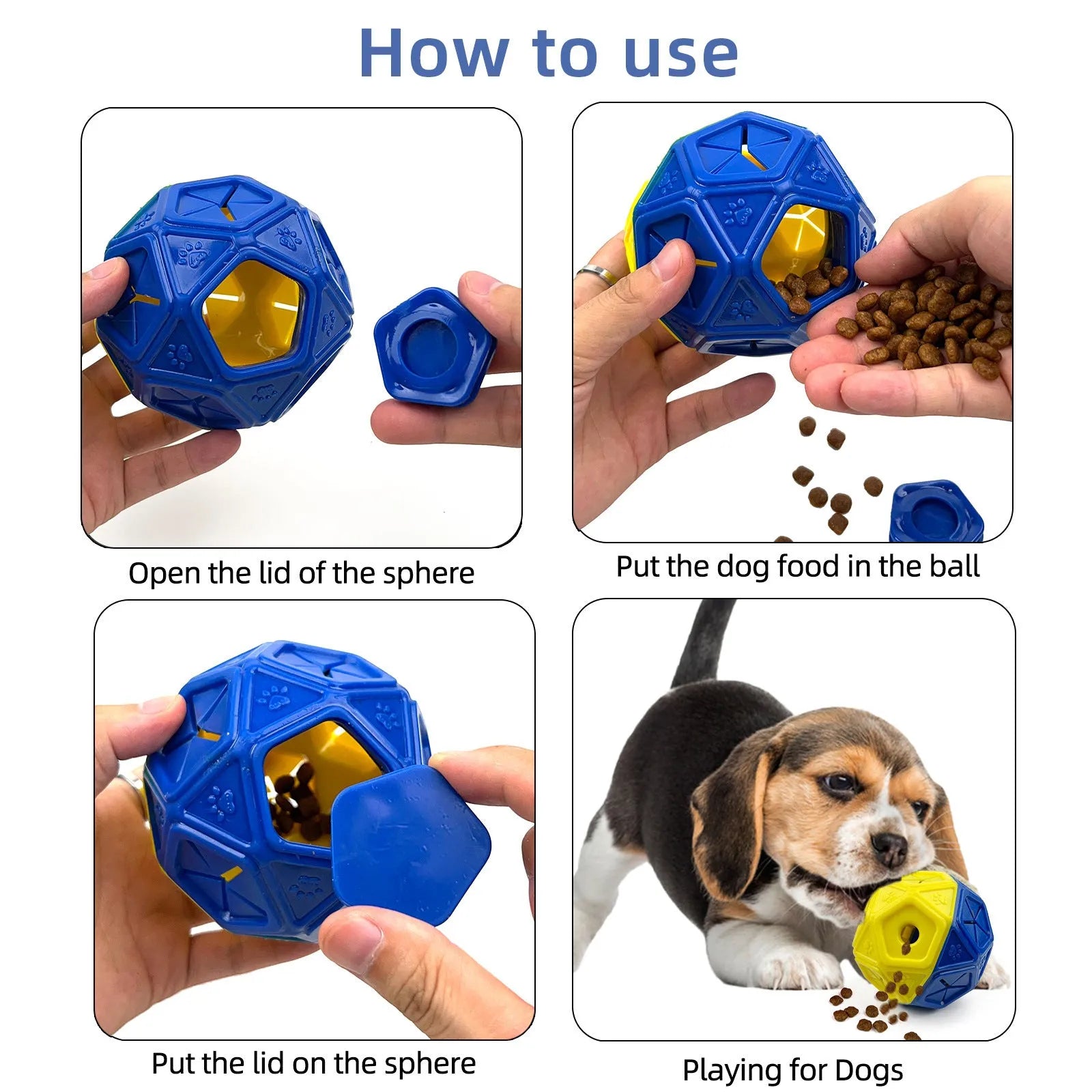Blue and red hollow dog puzzle ball with treat-dispensing centre for interactive bite-resistant play.