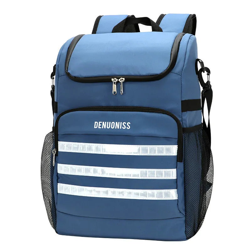 20 litre cloth backpack with bottle opener on shoulder strap in black, blue, pink, or red