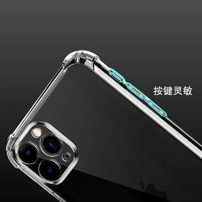Thickened transparent TPU iPhone case showing four-corner airbag design on a mobile phone.
