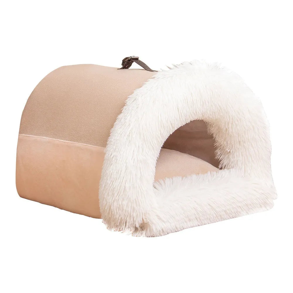 Splice portable pet nest in brown with semi-enclosed hood, soft plush fabric, M size