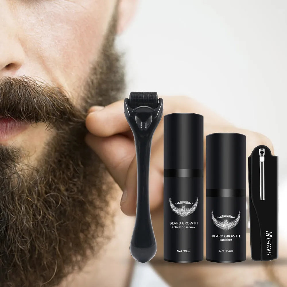 Men's beard grooming kit with beard roller, cleaning disinfectant, and 30ml moisturising nursing set, SPF50