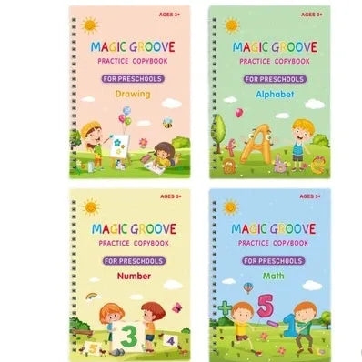 Children's English calligraphy practice set showing notched groove pen, ten refills, and double-sided practice cards
