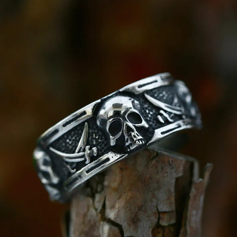 Steel Warrior men's titanium steel skull ring in retro punk style on a black background, showing the skull motif and metal finish