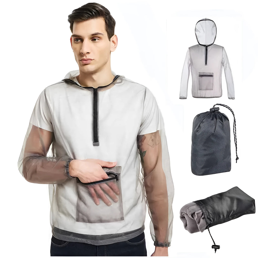 Gray breathable mesh insect bite jacket for camping fishing hiking with hood