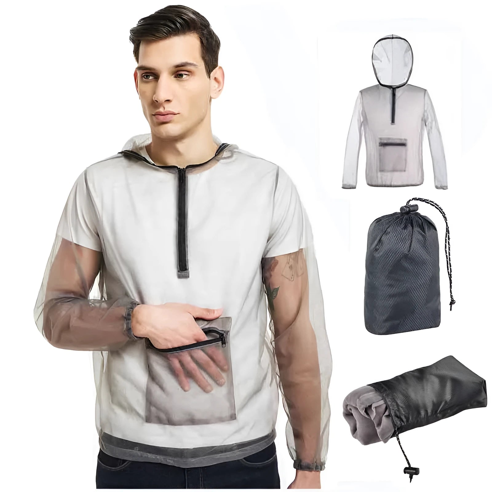 Gray breathable mesh insect bite jacket for camping fishing hiking with hood