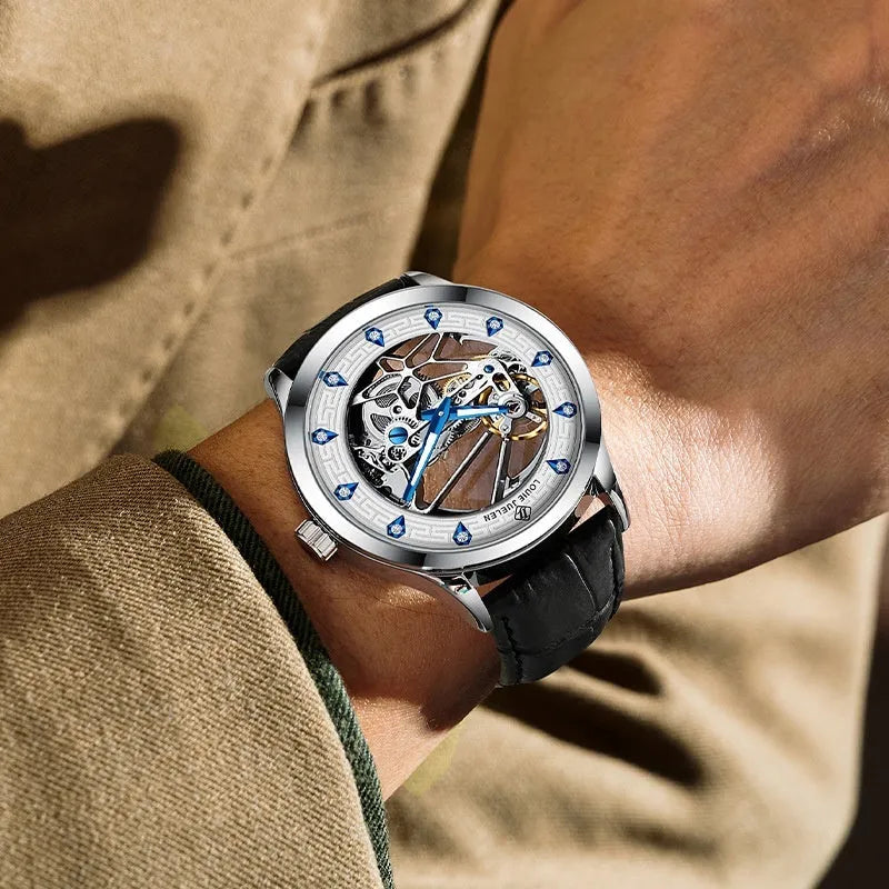 Men's silver case mechanical watch with white dial, blue luminous hands, black genuine leather strap, and waterproof design