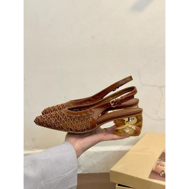 Women's square toe slingback sandals with woven detail on the toe cap, shown in apricot colour.