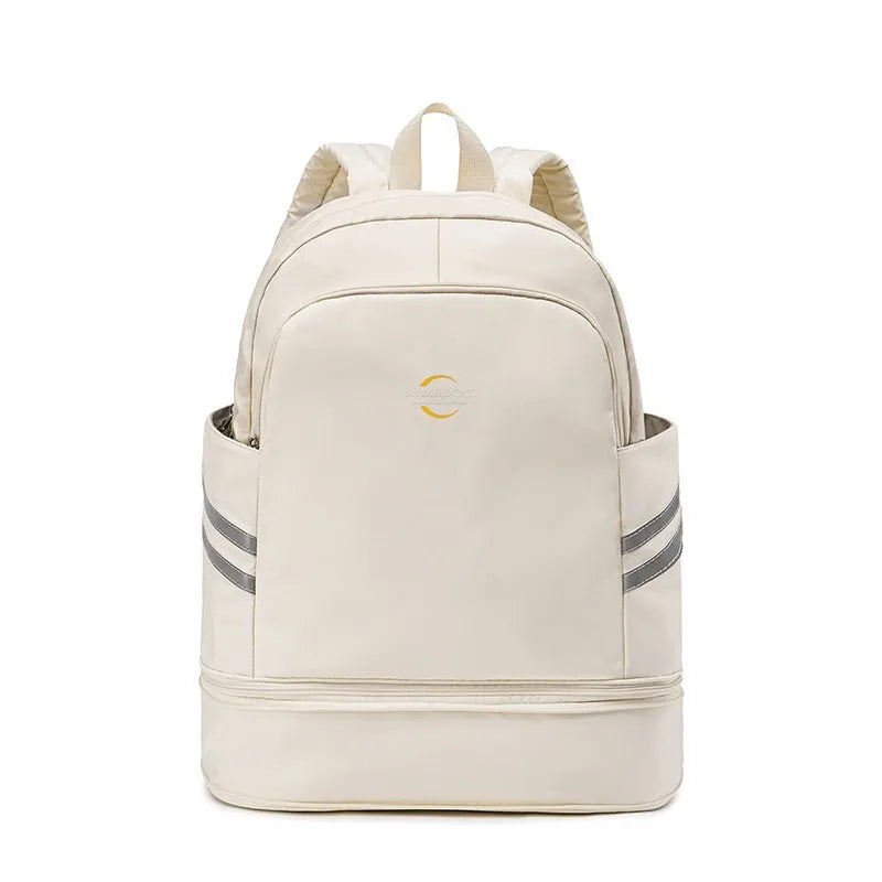 Large travel backpack with dry wet separation compartments and curved shoulder straps in beige colour