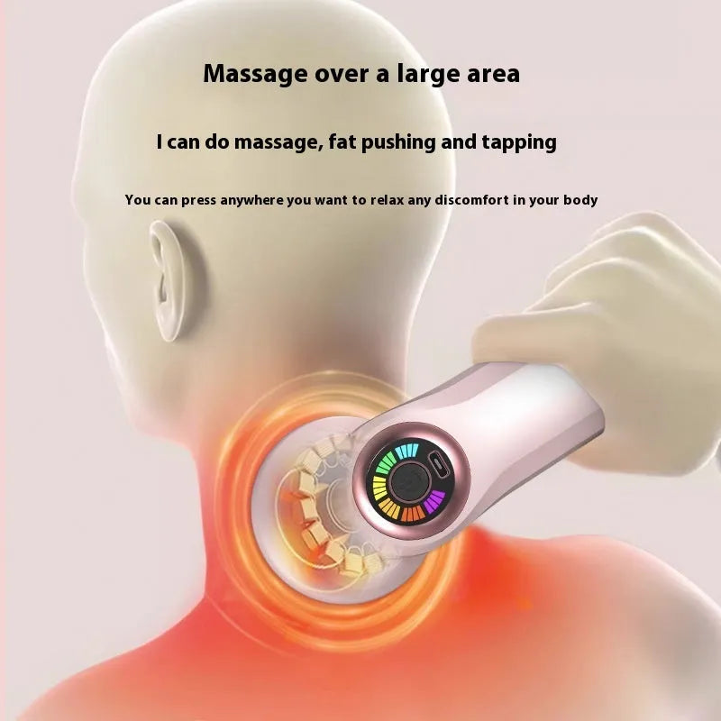 A handheld USB electric massager in black, pink, or white for use on neck, back, and legs.