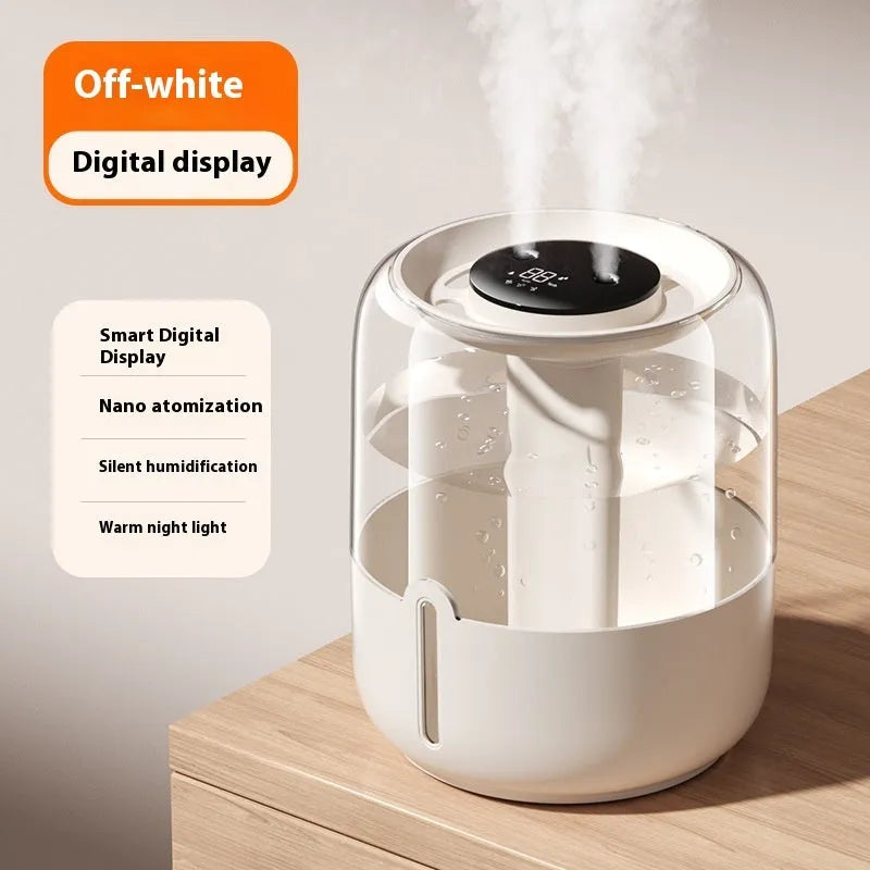 Round beige USB humidifier with dual spray nozzles, humidity display, and gear controls