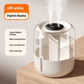 Round beige USB humidifier with dual spray nozzles, humidity display, and gear controls