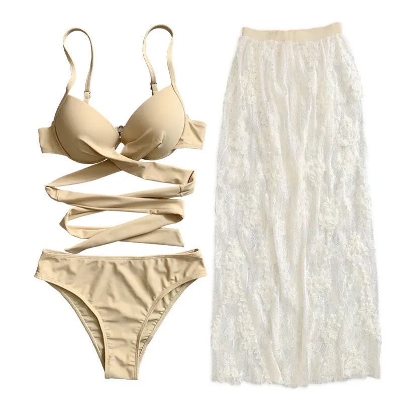 Three-piece split backless push up bikini set in solid colour with matching skirt
