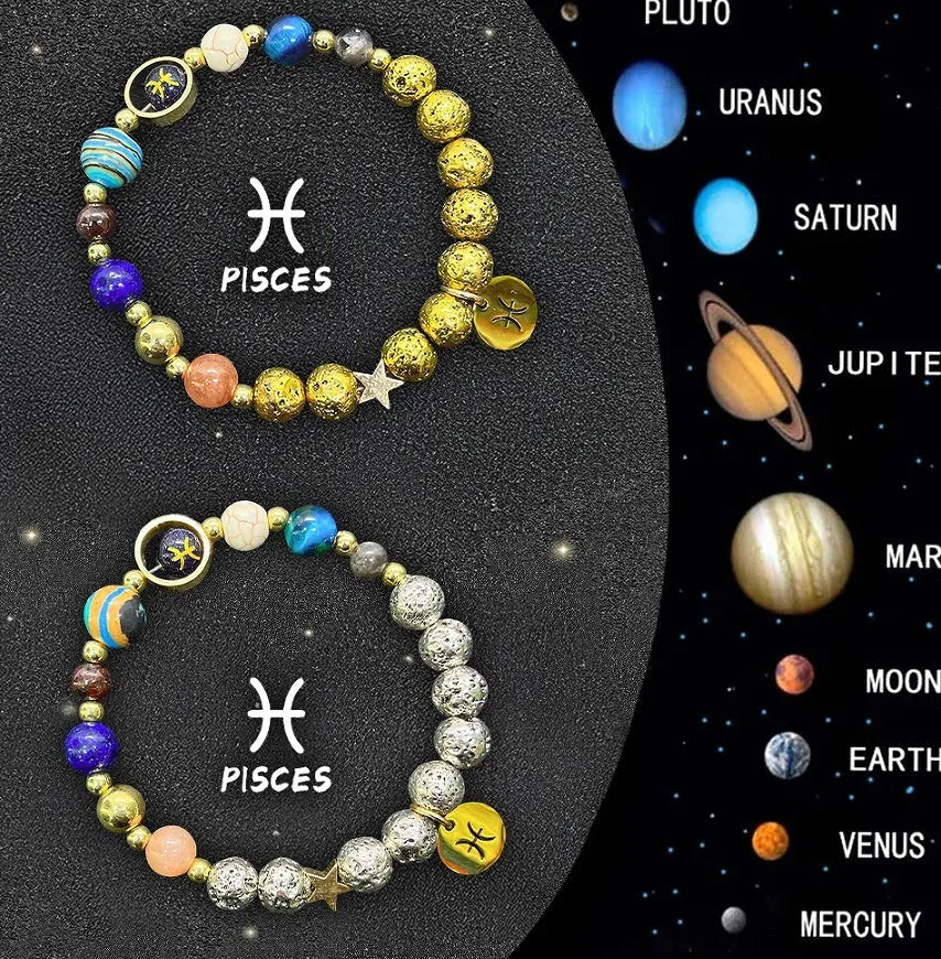 Set of two natural stone beaded bracelets with zodiac sign charms on an adjustable cord.