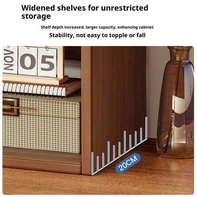 Three-layer 50cm desktop bookshelf in dark walnut or white oak colour, density plate storage rack for desk or tabletop.