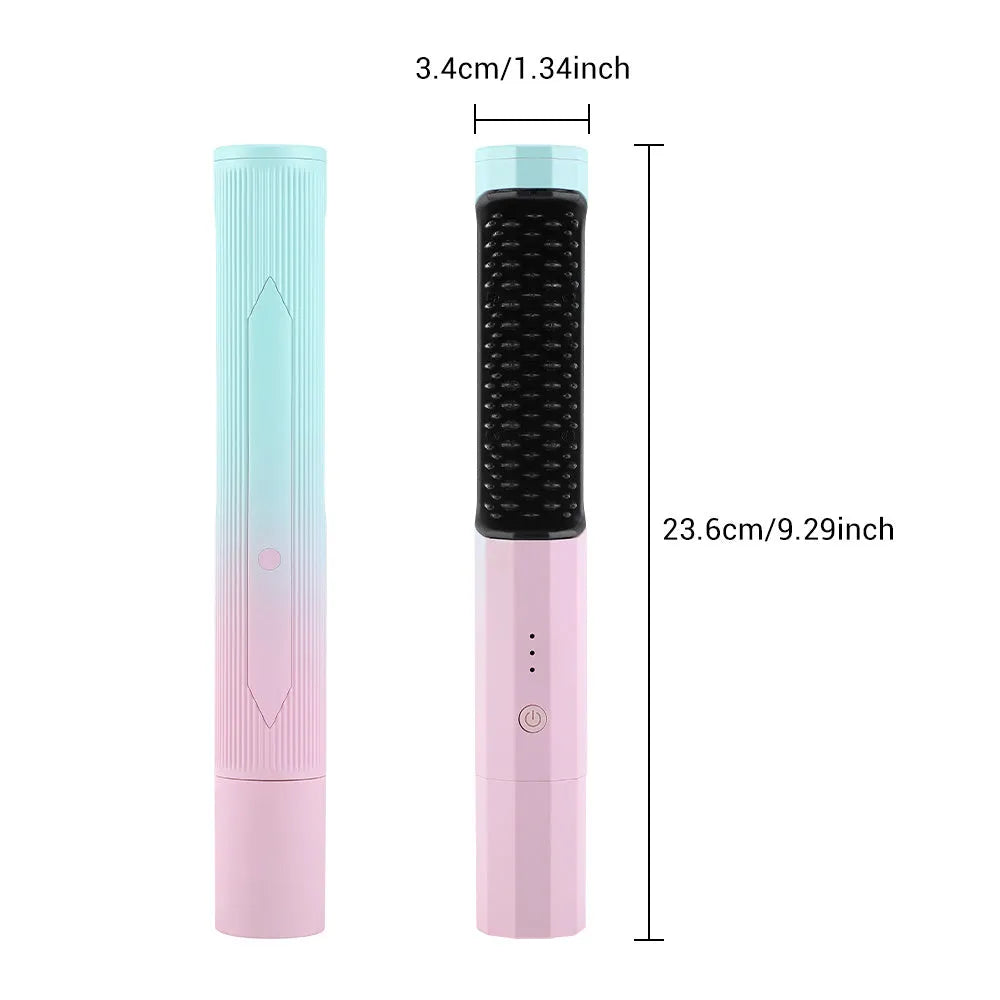 Pink cordless straightening comb with nylon bristles and USB charging port