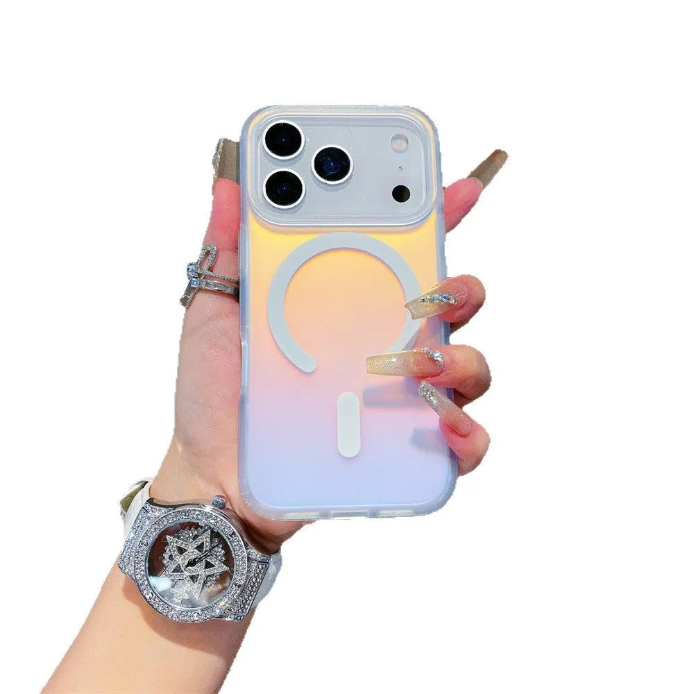 Laser gradient frosted magnetic phone case for iPhone 17 series on a dark background.