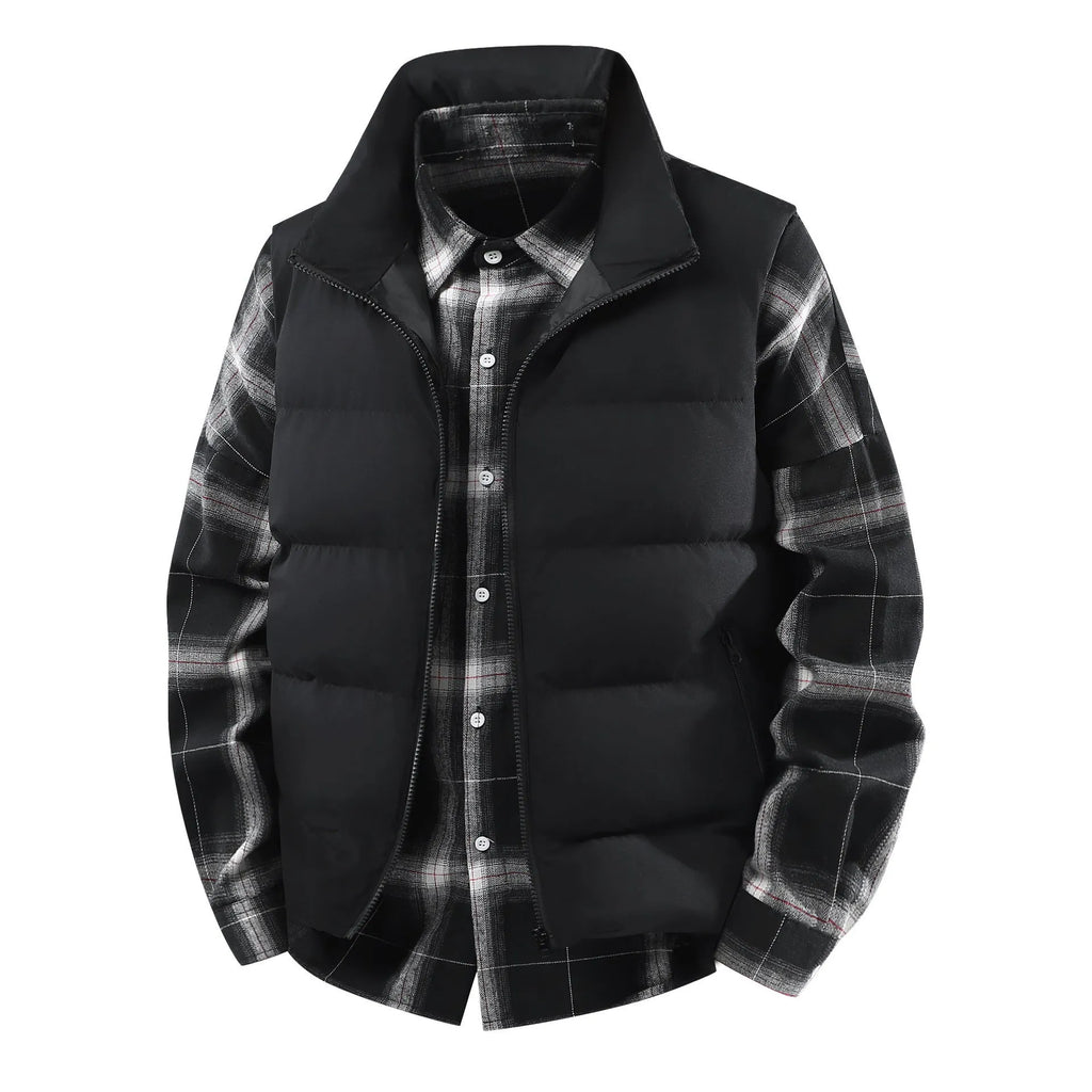 Men's plus size corduroy stand collar vest coat in black with thick lining, loose fit