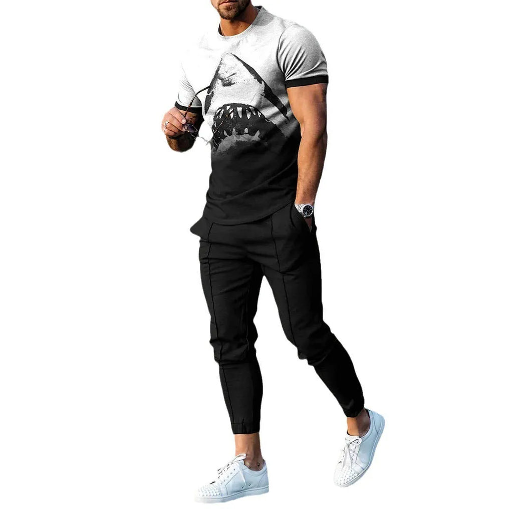 Men's short-sleeve printed tracksuit set with round neck pullover and matching trousers in polyester blend fabric