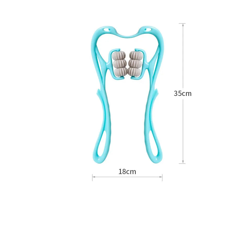 Blue swan-shaped manual neck massager with six wheels and a natural crystal jade scraping board on a white background.