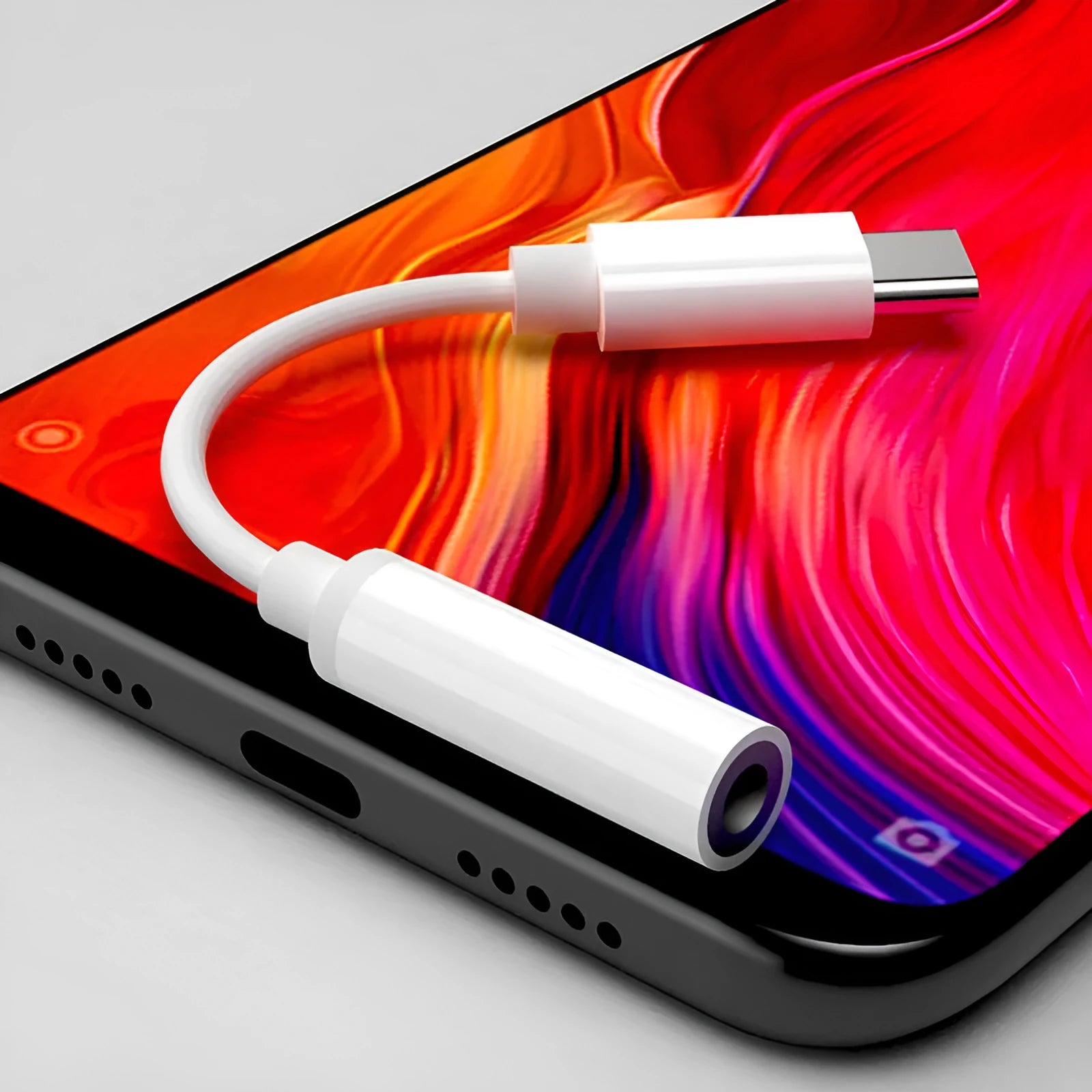 White USB-C to 3.5mm digital audio adapter cable with copper core, ABS connectors, and TPE cable body for Huawei Xiaomi HTC smartphones