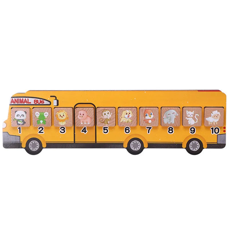 Wooden animal bus platform board game for kindergarten mathematics with colourful animal pieces