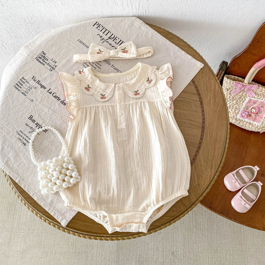 Apricot sleeveless cotton double-breasted baby jumpsuit with matching hair band, summer thin romper for heights 66cm-90cm.