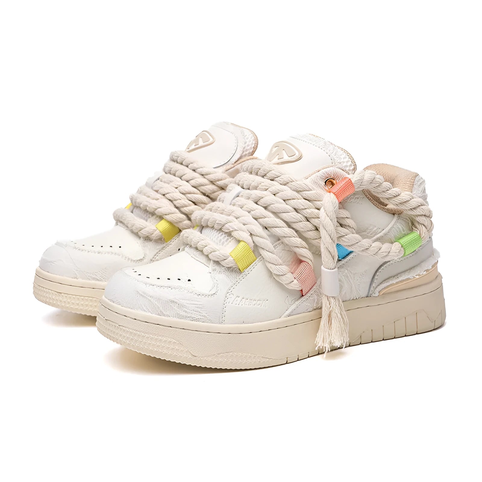 Creamy white retro skateboard shoes with old damage lace detailing and platform rubber sole