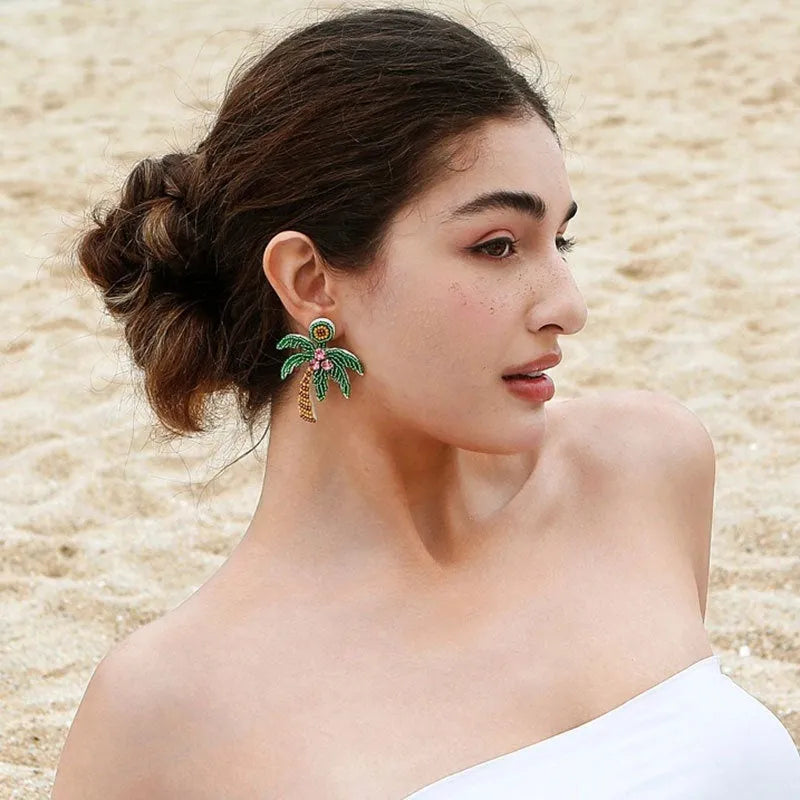 Green handmade beaded ring earrings with fruit-shaped glass and coloured glaze beads on alloy fittings