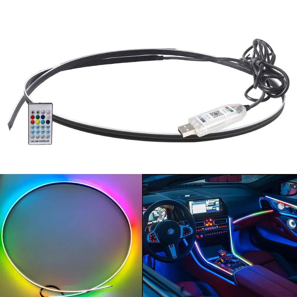 Flexible 110cm USB car interior LED ambience light strip with remote control on a car dashboard