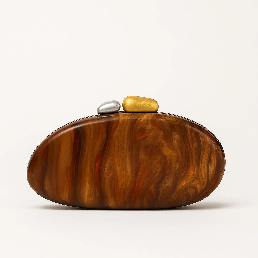 Oval hard PU dinner clutch bag in acrylic colour with cotton lining and open pocket for daily matching