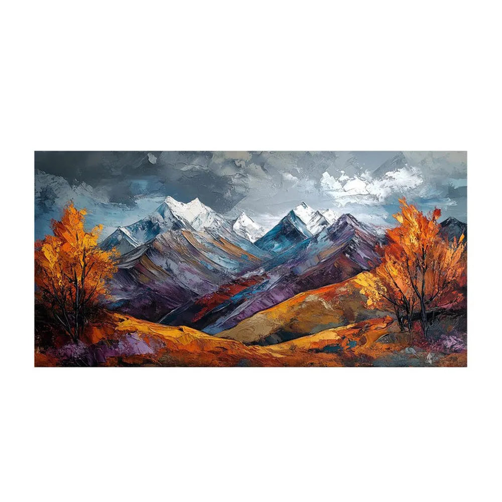Handmade oil painting on canvas of a snow mountain and autumn scenery, frameless and rolled for home wall decor