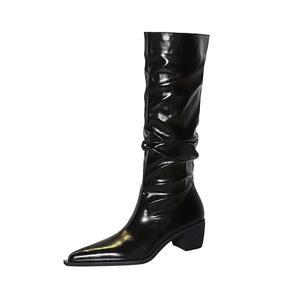 Women's Over-the-knee Boots Chunky Heel Mid Heel Pointed Toe Wrinkled Surface Patent Leather Solid Colour European and American Style Autumn Winter Warm Height Increase Black or Velvet Lining Cotton Lining Rubber Sole Various Sizes