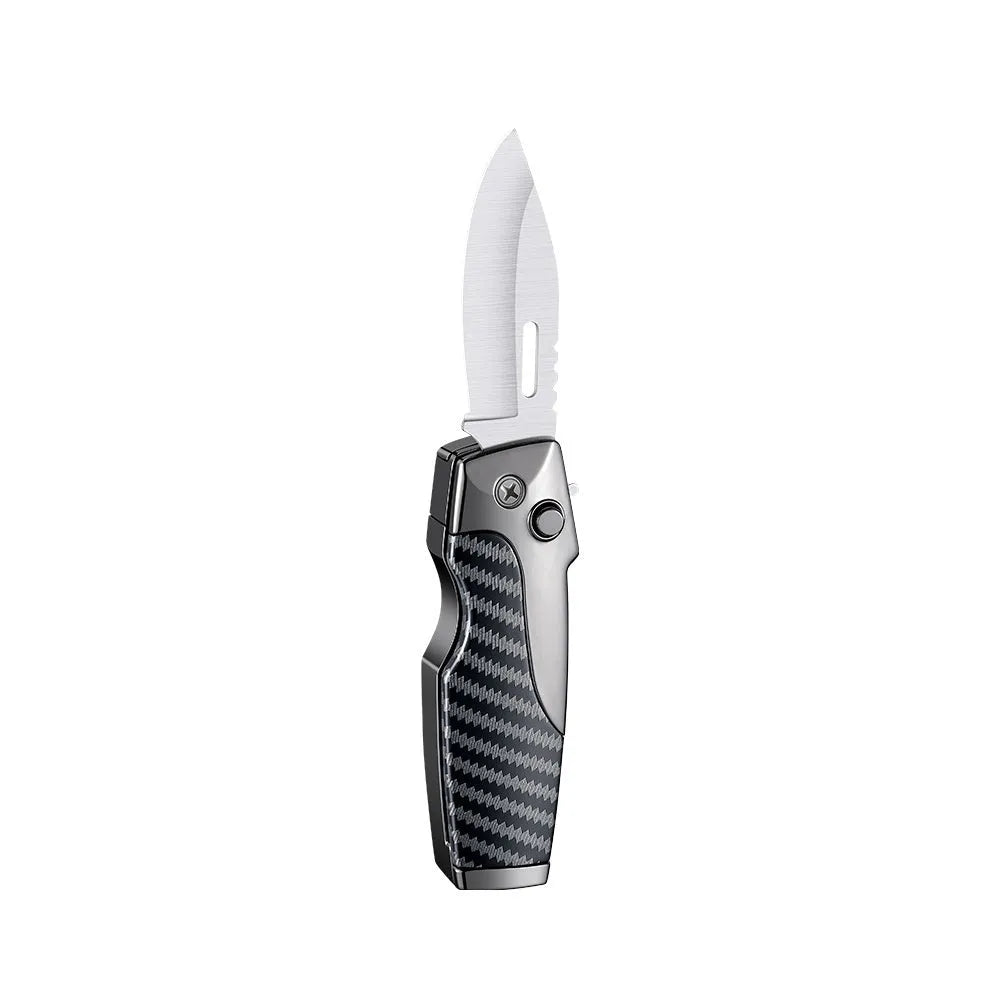 Metal folding lighter tool with integrated knife, shown in a selection of carbon fibre, camouflage, and wood grain finishes.