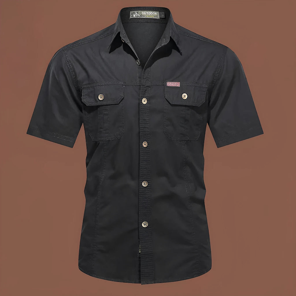 Men's short sleeve cotton work shirt in army green, showing loose fit and cardigan-style design.